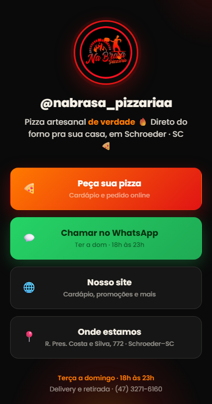 Página de links da Pizzaria na Brasa no celular